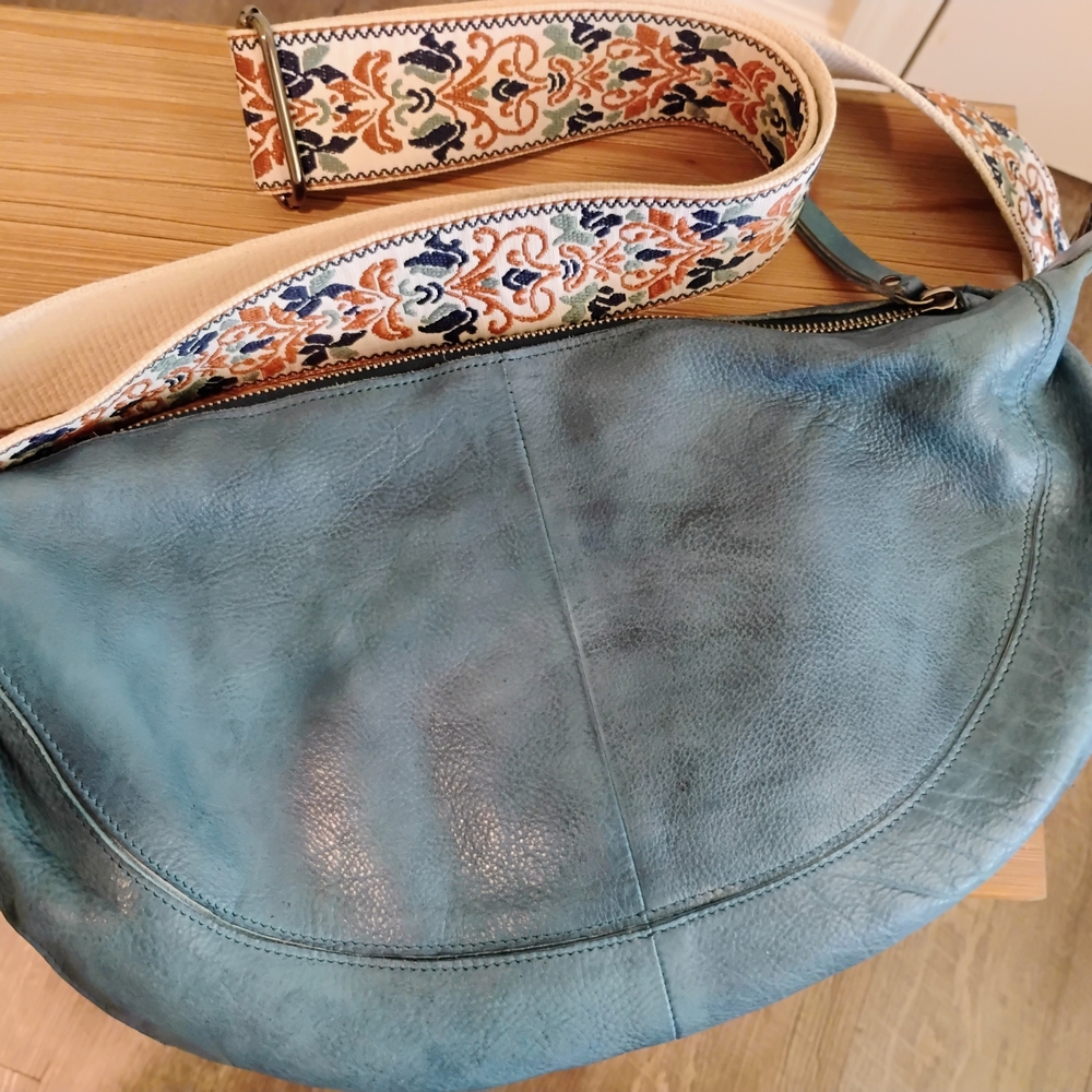 Latico Callie Denim Blue Crossbody Bag with Patterned Strap